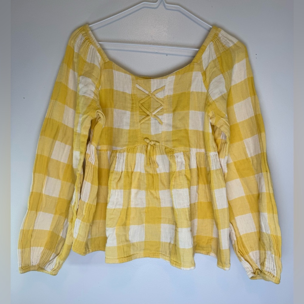 Wonder Nation Yellow White Plaid Babydoll Blouse Girls Size XL 14/16